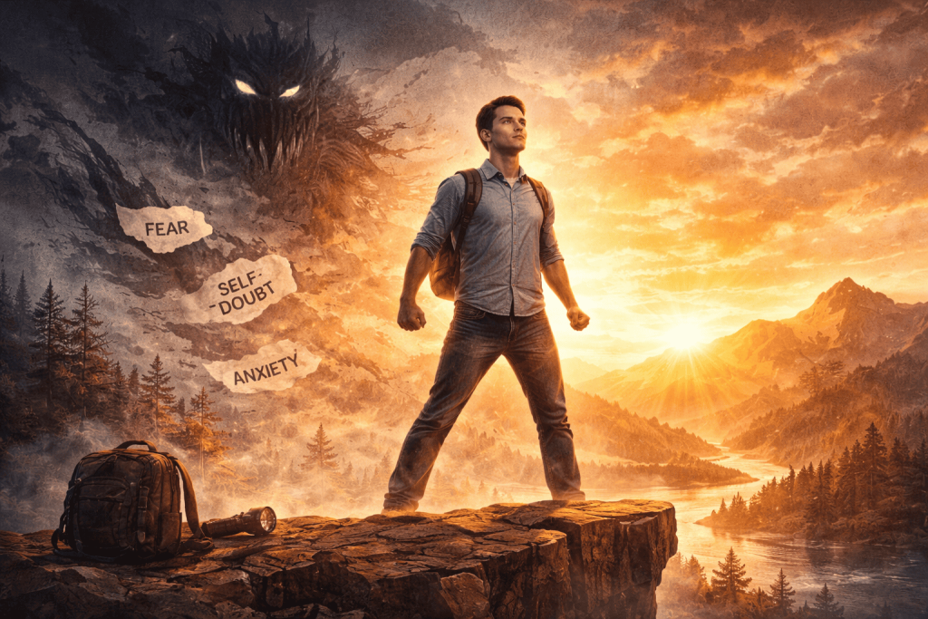 man standing tall on hill as a brave man