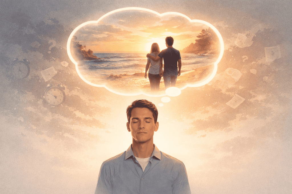 man thinking of being on the beach with her