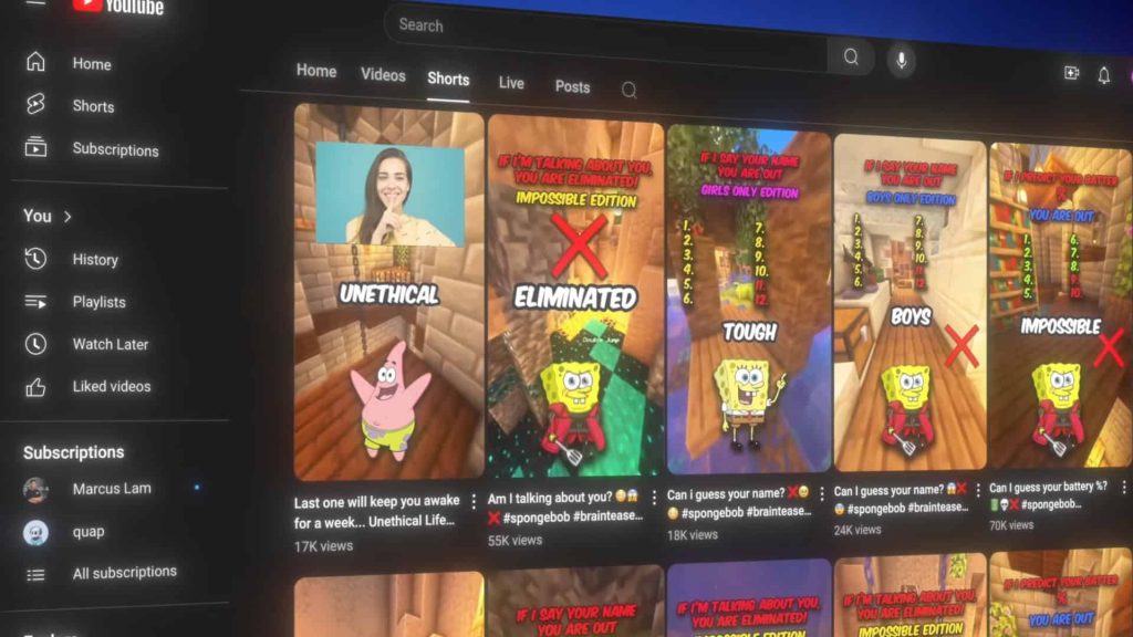 Youtube shorts page of a channel