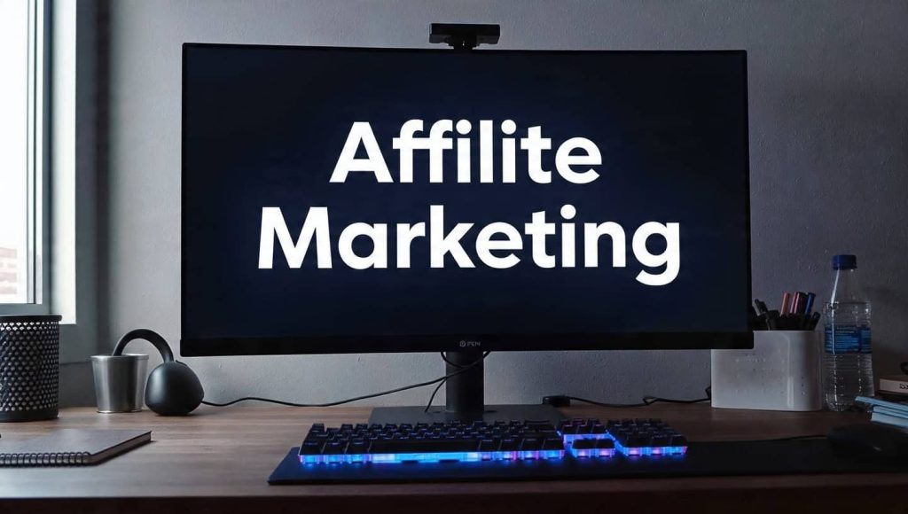 a desktop and affiliate marketing text on screen