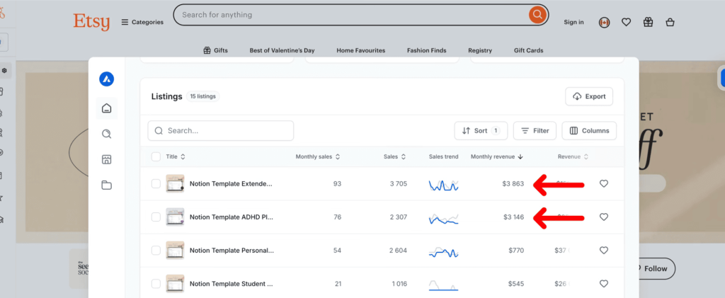 etsy earnings from notion template