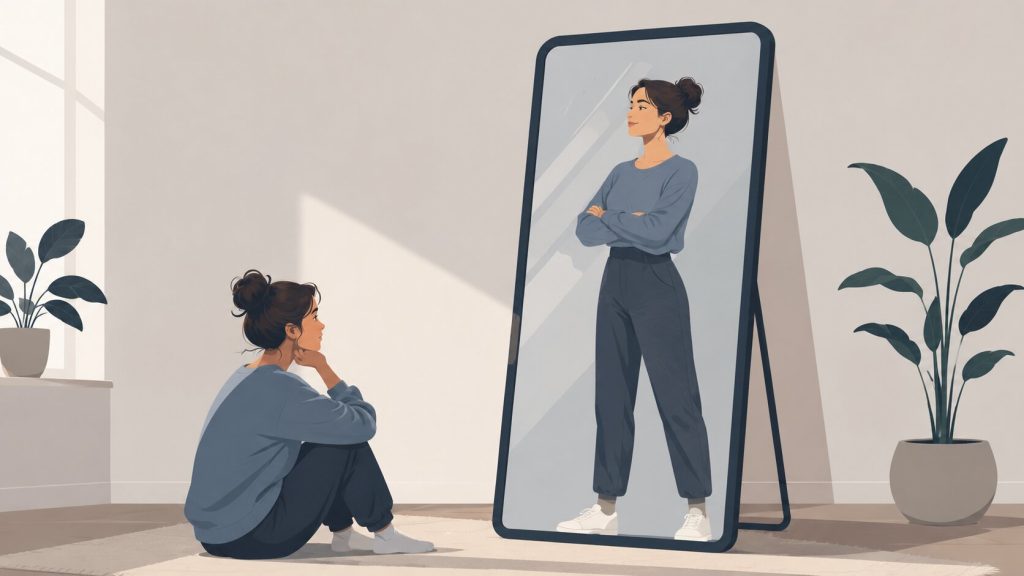 girl looking at the better of version of herself in mirror