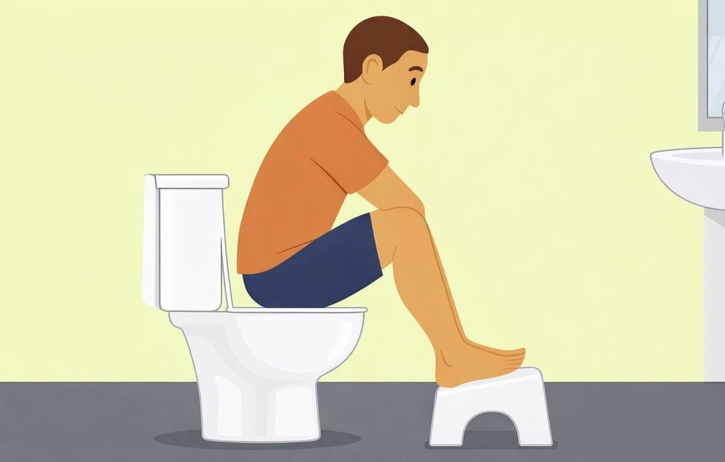 man using toilet with foot stool
