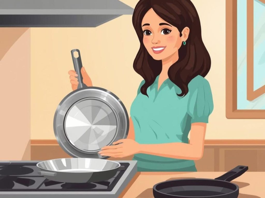 woman in kitchen with non-stick frypan