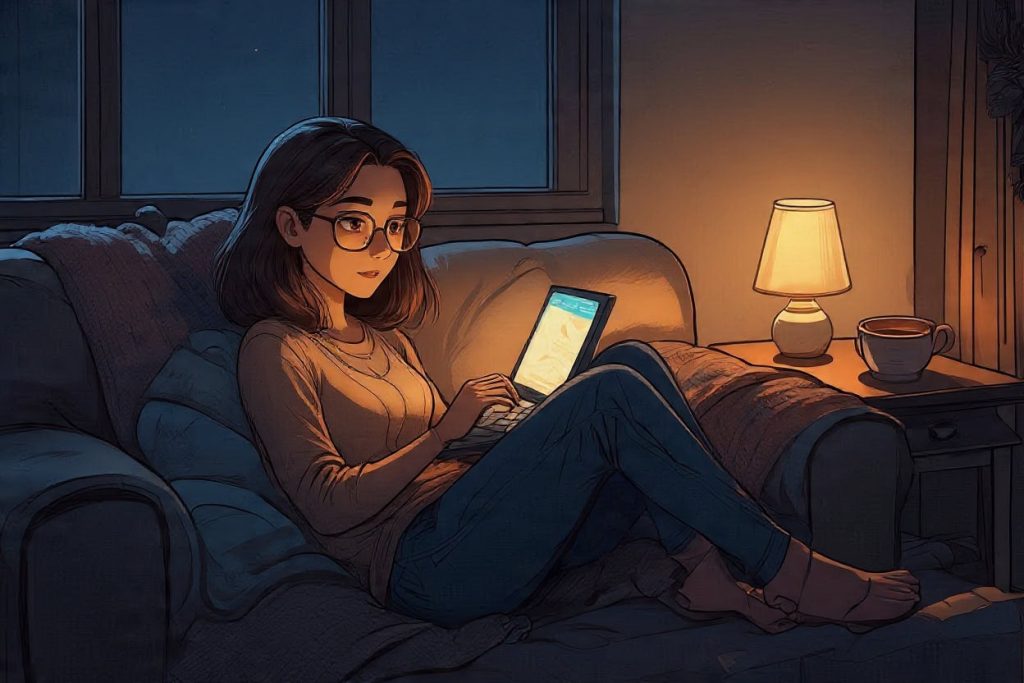 woman looking at laptop warm lights