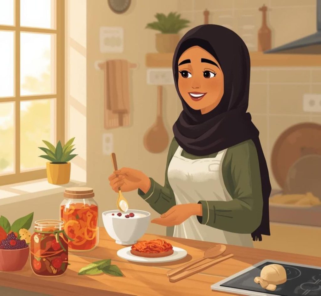 woman standing in kitchen eating