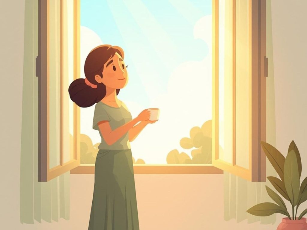 woman standing near a open window in the morning sunlight