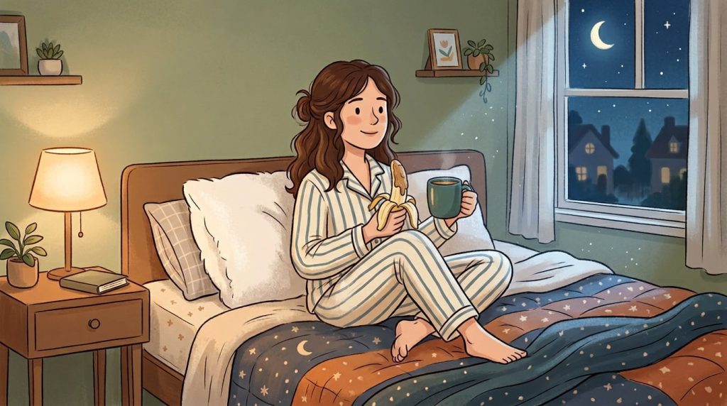 Woman_in_pajamas_drinking_milk-and-having-banana