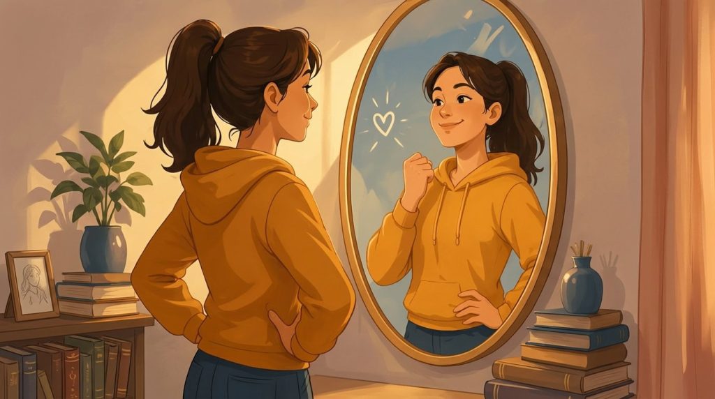 girl looking her better version in the mirror 