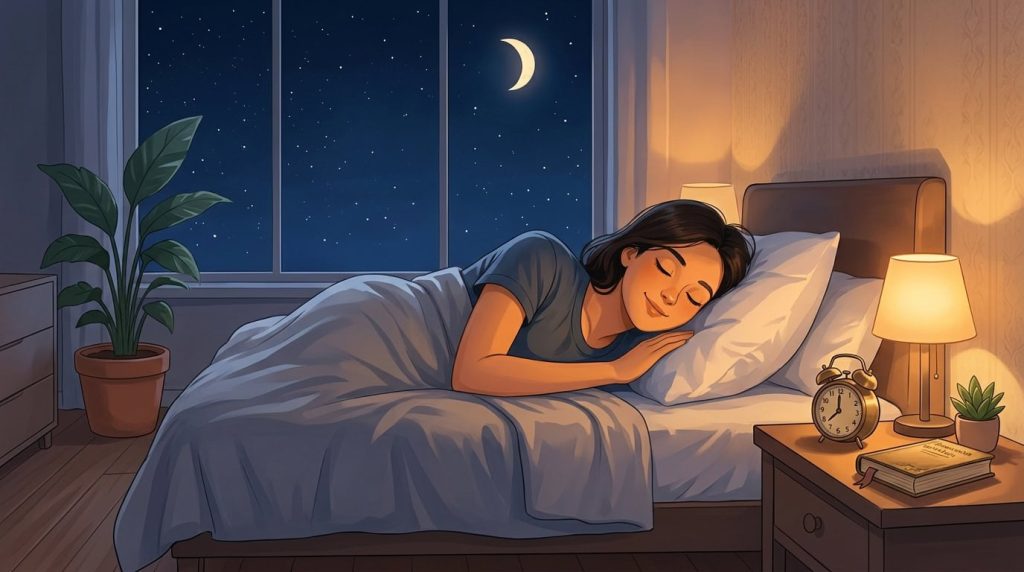 woman sleeping with a moon view at background from window