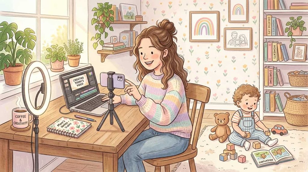 Cozy pastel illustration of video creation