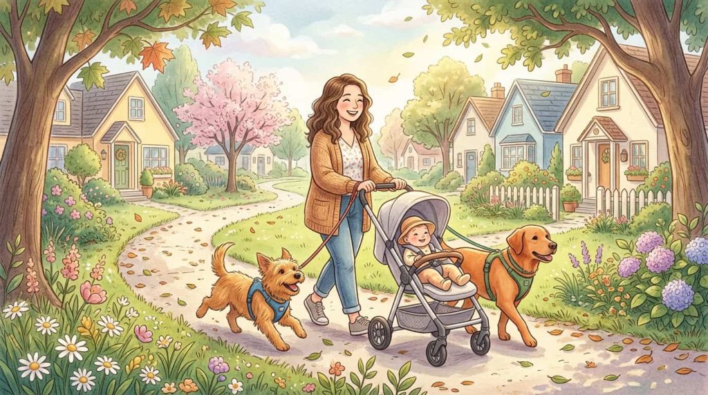 Mom walks dogs pushing stroller