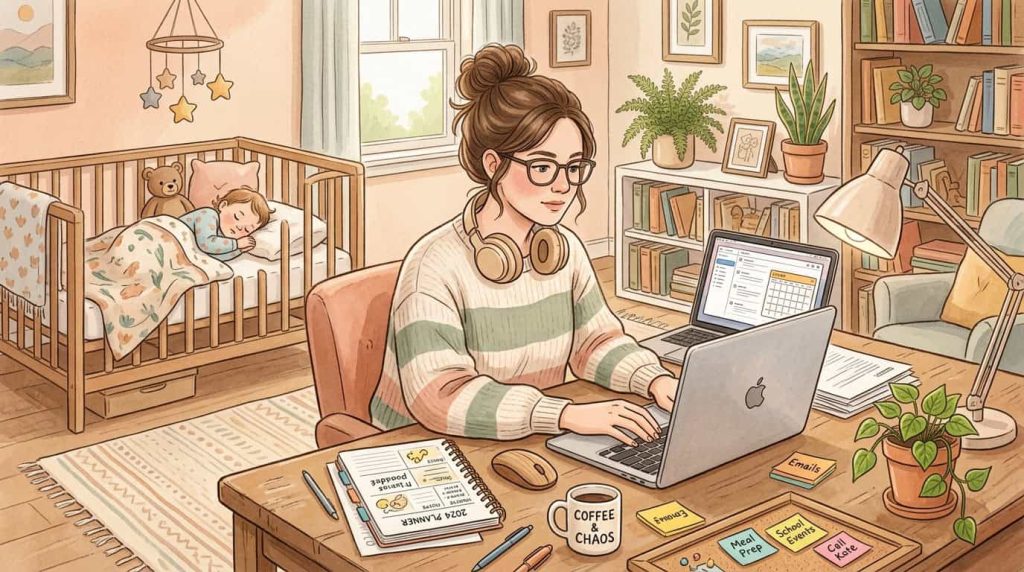 Mom working on laptop as a va