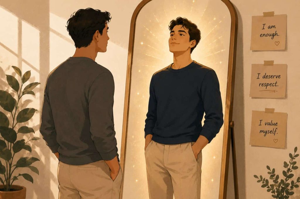man seeing a confident and worthy of respectful version of himself in mirror