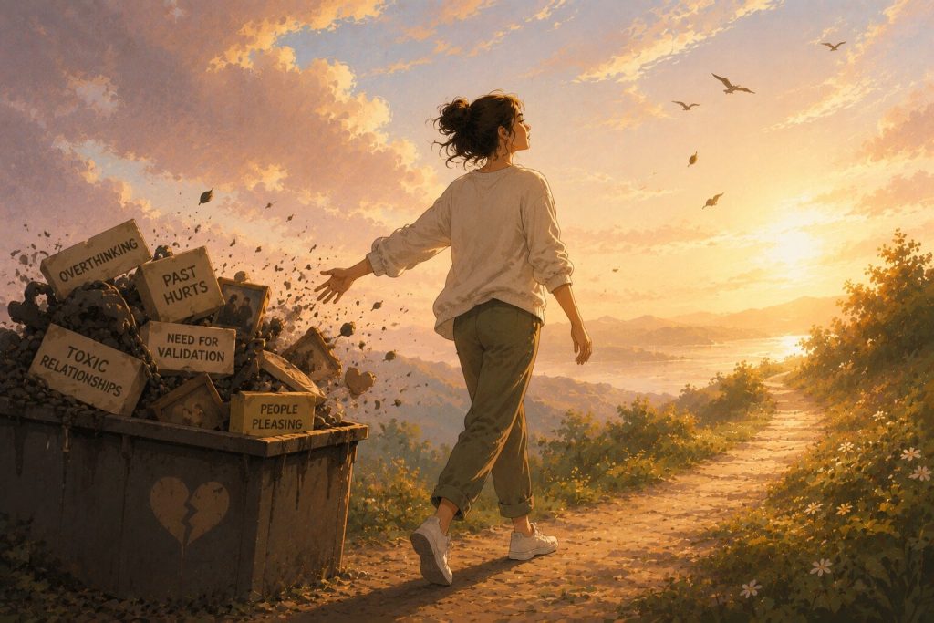 illustration-of-woman-dumping-and-detaching-from-things