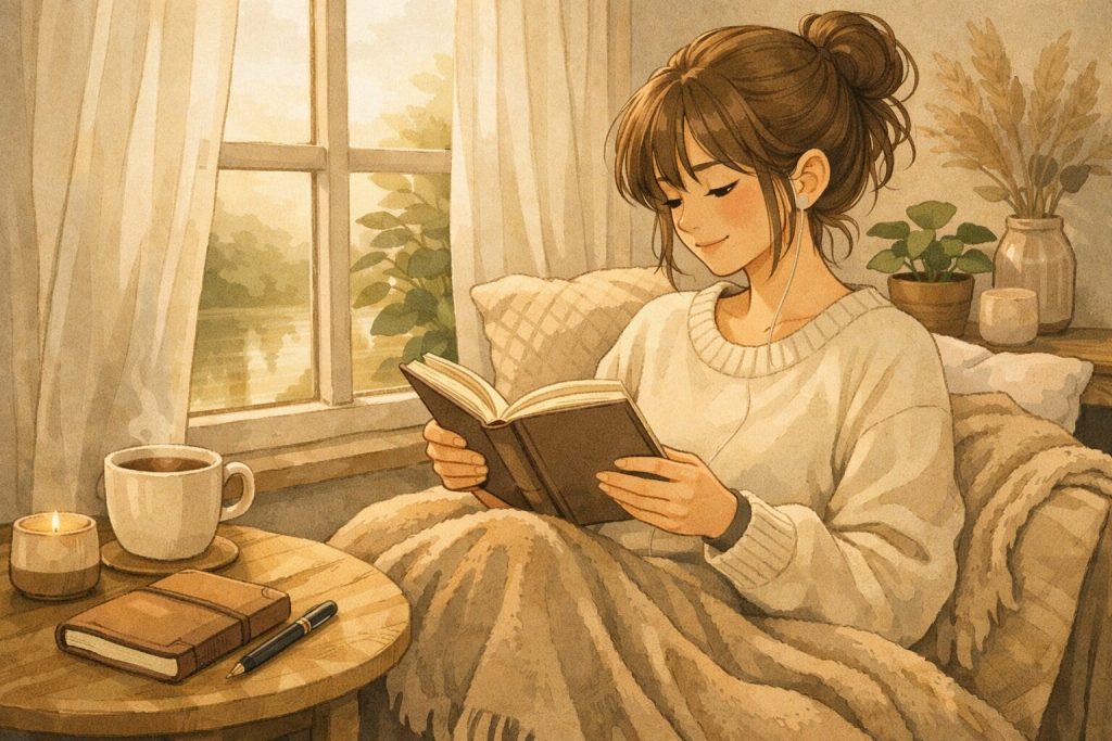 mindful reading girl in cozy environment