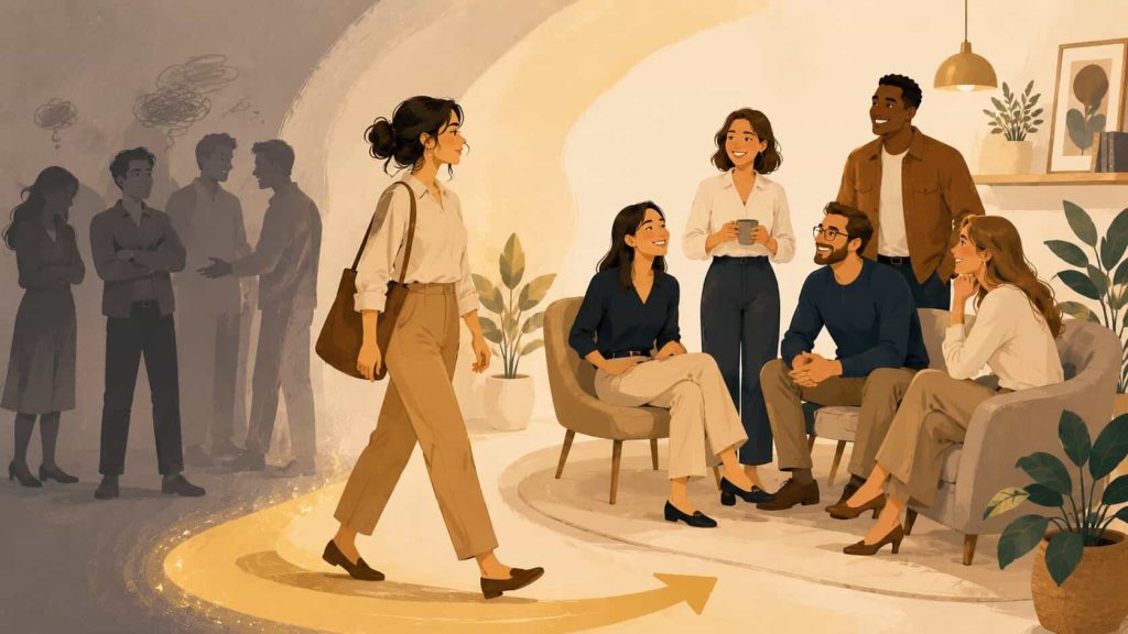 woman entering a circle of people she likes