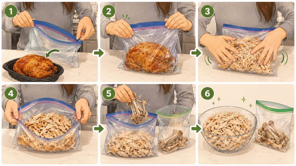 Shred Rotisserie Chicken in a Zip-Lock Bag hack
