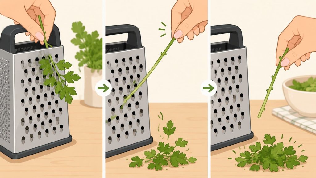using Cheese Grater to Remove Herb Leaves fast
